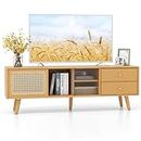 Giantex Bamboo TV Stand for TV up to 65 Inch, Mid Century Modern TV Console Table w/Glass & PE Rattan Door, TV Cabinet w/ 2 Drawers & Sliding Doors, Home Entertainment Center for Living Room, Bedroom