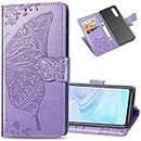 LEECOCO Samsung Galaxy A50 Case Premium PU Leather Flip Wallet Case Butterfly Embossed Full Body Protection Flip Stand Card Holder Magnetic Cover for Samsung Galaxy A50 Big Butterfly Light Purple SD