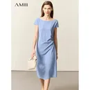 AMII Minimalism Dresses for Women 2023 Summer New Chiffon Slash Neck Short Sleeves Solid Slim Casual