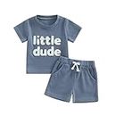 LouVasabuce Toddler Baby Boy Summer Letter Print Short Sleeve T Shirt Waffle Top Solid Color Drawstring Shorts with Pocket (Blue, 0-6 Months)