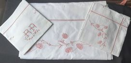 Antique Rose Large Hand Embroidery Sheet & 2 Pillowcases: 2.12 Mono. : RA