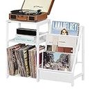 LELELINKY Record Player Table,Turntable Shelf with Vinyl Storage Up to 150 Albums,White Side Table with 3 Tier Magazine Periodical Book Rack,Wide Metal Record Holder Cabinet for Room Office
