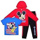 Disney Mickey Mouse Boys Zip Up Red Hoodie, Blue T-Shirt and Black Boys Pants Set for Toddlers and Little Kids, Red, 2T