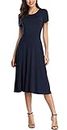 Urban CoCo Women's Vintage Short Sleeve High Waist Flared Midi Casual Summer Dress Navy Blue