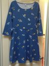 Old Navy L Floral Blue 3/4 Sleeves Cotton Dress