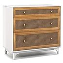 COSTWAY 3-Drawer Dresser, Rattan Chest of Drawers with Anti-Toppling Device, Wooden Storage Cabinet Organizer Unit for Bedroom, Living Room and Hallway