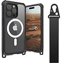 MagEasy Rugged iPhone 14 Pro Protective Case with Strap 6.1" - 16ft Drop Tested, iPhone 14 Pro Case with Crossbody Lanyard, Compatible with MagSafe - Odyssey (3 Lens) (Metal Frame, Mystery Black)
