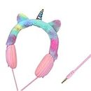 Universally Compatible Lightweight Colourful Unicorn Furry Stereo Earphone/Headphone with Mic for Children Birthday Party (Wired, 3.5mm Jack, Pink)