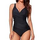 Smismivo Tummy Control Swimsuits for Women Slimming One Piece Bathing Suit Retro Ruched Push Up Vintage Padded Swimwear Black Large