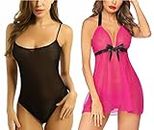 Xs and Os Women's Teddies Lingerie with Babydoll Lingerie Combo Set (Free Size, Black-Rose)