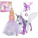 BETTINA Color Changing Unicorn & Princess Doll, Color Change on Whole Unicorn Under Sunshine, 11.5'' Princess Doll Toy, Unicorn Toys Gifts with Removable Saddle&Wings