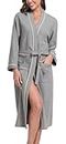 Vlazom Waffle Dressing Gowns Unisex Kimono Robe Cotton Lightweight Bathrobe for All Seasons Spa Hotel Sleepwear Grey,M