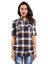Phorecys Plaid Shirt Women, Checkered Blouse Roll up Sleeve Button Down Flannel Shirt D044 Coffee Blue XL