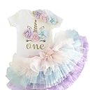 Baby Girl First 1st Birthday Cake Smash 3 Piece Outfit Set - Onesie + Tulle Skirt + Headband (Unicorn)