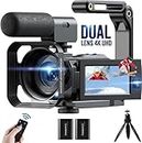 4K 56MP Dual Lens Video Camera Camcorder WiFi 3'' 270° Rotatable Touchscreen Vlogging Camera YouTube Podcast Camera Recorder for Filming with Microphone,Remote Control,2 Batteries,Lens Hood,Tripod