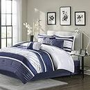 Madison Park Blaire Queen Size Bed Comforter Set Bed in A Bag - Navy, Stripe - 7 Pieces Bedding Sets - Faux Silk Bedroom Comforters