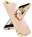 LeYi for iPhone SE 2022 Case,iPhone SE 2020 Case/iPhone 7 Case/iPhone 8 Case,Heavy Duty Protection Cover with Built-in Ring Holder,[Shiny Plating Gold Edge] Silicone Lightweight Luxury Phone Case,Pink