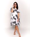CY Boutique multi leaves print black white contrast cotton shift dress holiday