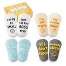 INNObeta Baby Socks Set with Funny Quotes (4 Pairs) Newborn/Infant Socks for Baby Shower, Gender Reveal, Christmas, New Parents – Anti Slip, Gift Box Included, 3-12 Months, Gender Neutral