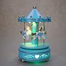 Qchomee Windup 4-Horse Rotating Carousel Classical Music Box Merry-go-round with Colorful Change LED Luminous Light Melody Artware Birthday Christmas Festival Musical Present