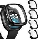 Prolet Screen Protector Tempered Glass for Fitbit Sense/Versa 3/4 Hard PC case with Bumper Cover Sensitive Touch Full Coverage Protective Case for Sense/Versa 3/4 Smart Watch-Black
