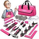 REXBETI 25-Piece Kids Tool Set with Real Hand Tools, Pink Durable Storage Bag, Children Learning Tool Kit for Home DIY and Woodworking