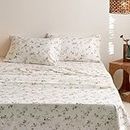 Wake In Cloud - Queen Size Floral Bed Sheets Set, Floral Shabby Chic Coquette Orange Gray Grey Flower on Off White, 4 Piece Soft Microfiber Bedding, 1 Fitted Sheet & 1 Flat Sheet & 2 Pillowcases