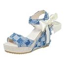 zapatos de vestir comodos para mujer 2024 2024 Women's Summer Solid Color One-line Platform Bow Lace-up Beach Wedge Sandals 6-Blue 2