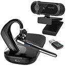 Delton 90X Ultralight Executive Wireless Noise Canceling Bluetooth in-Ear Computer Headset with Carrying Case/Stand, Auto-Pairing USB Dongle, and 1080P Webcam - Bundle (2 Items)