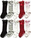 QandSweet Baby Girl Knee-High Socks Toddlers Bow Stockings Newborn Infant Non-Slip Sock (0-12 Months, A Non-skid 5 Pairs)