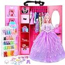 Vueos 157 Pcs Doll Clothes and Accessories with Doll Closet for 11.5 Inch Girl Dolls Including Shoes Rack Wedding Dress Fashion Dress Swimsuits Tops and Pants Hangers Glasses Necklace Bags Shoes