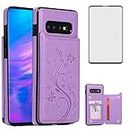 Phone Case for Samsung Galaxy S10 Plus with Tempered Glass Screen Protector and Card Holder Wallet Cover Stand Flip Leather Cell Accessories Glaxay S10+ 10S S 10 10plus S10plus Cases Women Girl Purple