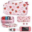 GLDRAM Carrying Case Bundle for Nintendo Switch Lite Case Cute, Pink Travel Case Kit with Soft TPU Cover, Glass Screen Protector, Thumb Grip Caps, Shoulder Strap for Girls, Full Protection(Strawberry)