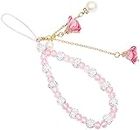 Phone Lanyard Beads Phone Charms, Non- Slip Creative Crystal Flower Phone Strap, Cell Phone Charm Strap Accessory (Pink)