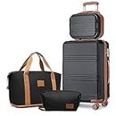 Kono Suitcase Lightweight ABS Hard Shell Carry-Ons Cabin Case with TSA Lock Luggage Sets of 4 Piece Included Weekender Bag & Toiletry Bag for Travel (Black/Brown)