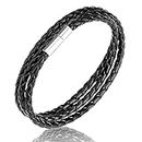 IBEIKE Braided Leather Bracelet for Men - Classic Triple Wrap Braided Black Cuff Bracelet with Magnetic Clasp, High-Durability Rope Bracelet Accessory Perfect for Any Outfit & Occasion 58cm