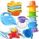TECHNOK Baby Bath Toys for Toddlers - 12 pcs Rainbow Stacking Cups Baby Toy with Bath Boats Train and Toddler Watering Can - Stackable Plastic Bath Toys - Sea Animal Shapes Bath Toy for Girls and Boys