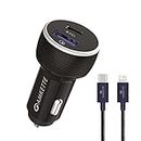 Amkette Power Pro 2 Port 36 Watts iPhone Car Charger with PD Type C and Quick Charge 3.0 & Free Type C to Lightning Braided Cable, 1 Year Warranty (Black)