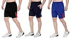 DIA A DIA Men's Polycotton Running Sports Gym Shorts Pack of 3 (Black, Darkblue, Lightblue, Free Size: 28-34 Inches)