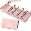Travel Makeup Bag Portable Toiletry Bag Cosmetic Organiser, Compact Waterproof Make up Organizer Pouch for Womens and Girls with 4 Department to Organise Toiletries(Pink)