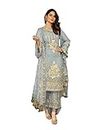 Miss Ethnik Women's Grey Faux Georgette Semi Stitched Top With Unstitched Santoon Bottom and Nazmin Dupatta Embroidered Flared Top Dress Material (Pakistani Salwar Suit) (1047-Grey)