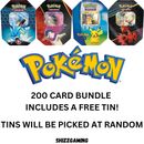 200 Pokemon Cards Bundle Bulk Job Lot - Free Tin