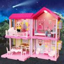 110 Pcs Doll House Colorful Light 4 Rooms Huge Dollhouse with Dolls Furnitures