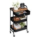 DOEWORKS Metal Storage Cart with Drawer 3-Tier Rolling Trolley Cart, Utility Shelves with Wheels for Kitchen Room Bathroom Office, Black