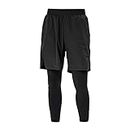 Valcatch Boys Compression 2 in 1 Sports Pants with Pockets for Kid Youth Basketball Tights Shorts Leggings for Athletic 5-12Y Black