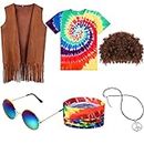 Sintuff 6 Pcs Men's Hippie Costume Set Hippie Fringe Vest Hippie Accessories for 60 70s Carnival Party Halloween Outfits(Large)