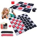 Liliful 2 in 1 Vintage Giant Checkers and Tic Tac Toe Game with Mat 4 x 4 ft Giant Checkers Board Game Set Family Board Game Giant Chess Set and Checkers Board Game for Indoor Outdoor Activity
