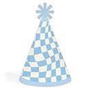Big Dot of Happiness Blue Checkered Party - Cone Happy Birthday Party Hats for Kids and Adults - Set of 8 (Standard Size)