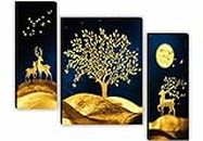 SAF paintings Set of 3 Deer with Tree Modern Art UV Textured Home Decorative Gift Item Self Adeshive Painting 18 Inch X 12 Inch SANFJM31009