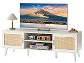 SUPERJARE 55 Inch TV Stand, Entertainment Center with Adjustable Shelf, Rattan TV Console with 2 Cabinets, Media Console, Solid Wood Feet, 4 Cord Holes, for Living Room, White
